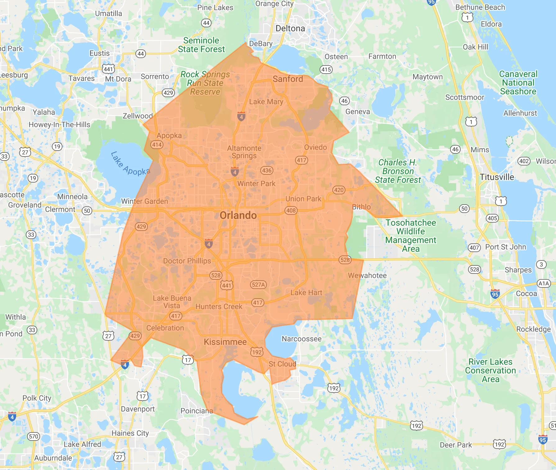 Map of Pop-A-Lock Orlando Service Areas